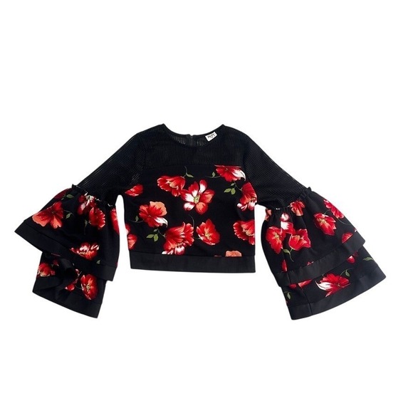 Impulse Black Red Floral Mesh Ruffle Sleeve Cropped Top Medium - Picture 13 of 16